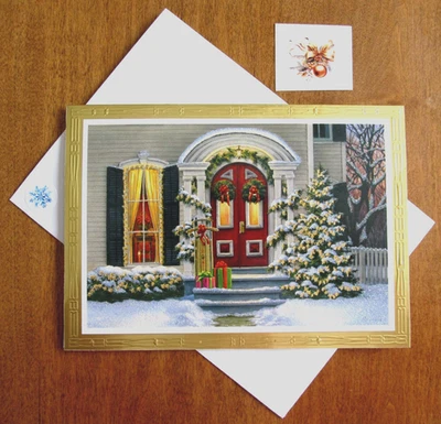 NOS Christmas Greeting Card, Env. & Seal - Glittery Snowy Decorated Doorway - Image 1 of 4