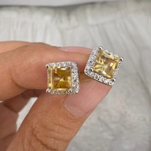925 Sterling Silber Ohrringe 5 mm Quadrat Natur Citrin Edelstein Zirkon Ohrstecker - Bild 1 von 8