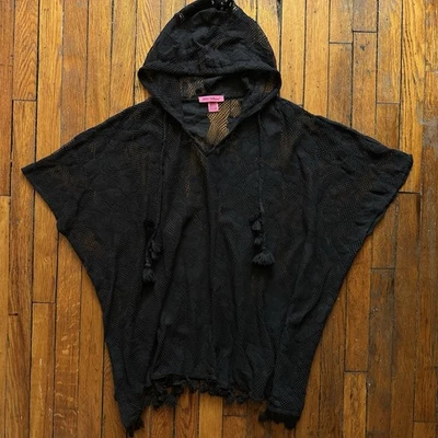 Betsey Johnson Crotchet Lace Net Cover Up PomPom Women OS Black Floral Beach - Image 1 of 4