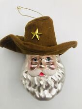 VINTAGE Western Cowboy Santa W/ Lone Star Felt Hat Glass Christmas Ornament