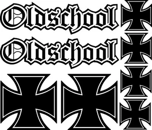 Oldschool Aufkleber Set, 2 Schriftzüge und 6 Eiserne Kreuze Motorrad Rocker - Picture 1 of 14