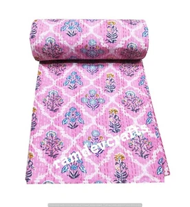 Indian Hand Block Pink Kantha Quilt,Blanket Cotton Twin Size Bedspread Throw Art - Picture 1 of 5
