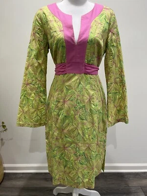 Antigo Vestido Feminino Lilly Pulitzer M Bordado Floral Palm Beach Verde Mamão - Imagem 1 de 4