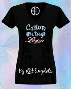 Custom bling T shirt V neck Sequins Glitter Logo Tee No rhinestones sparkly - Picture 1 of 9