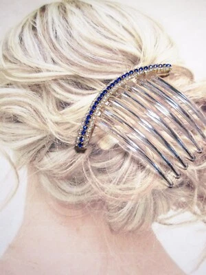 Triple Row Clear AB and Sapphire Blue Crystal French Hair Comb Black Tie Gala - Image 1 of 4