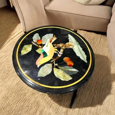 Black Marble Coffee Table with Floral Semi-Precious Stone Inlay Handcrafted arts - Image 1 of 4