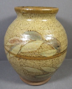 Studio Art Pottery Vase Tan Brown Speckled Hint of Blue Leaves Pattern 6" x 5" - Picture 1 of 7