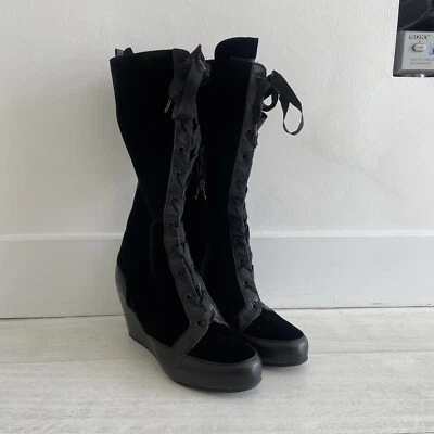 Annette Gortz black leather and velvet lace up wedged black boots - Image 1 of 4