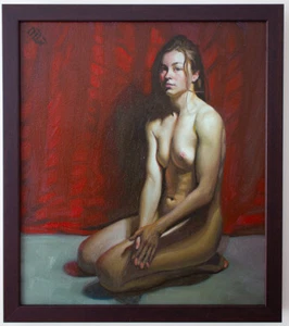 Original Framed Oil Painting Female kneeling Nude Girl woman figurative art red - Picture 1 of 4