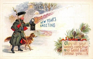 # K2153     NEW YEAR'S    DAY      POSTCARD,    MAN & DOG - Picture 1 of 2