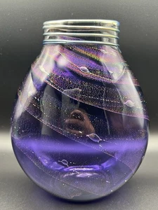 Purple Art Glass Dichroic Galaxy Swirl Vase w Iridescent Threading 8.5” Signed - Picture 1 of 14