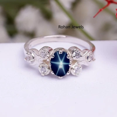 Blue Lindy Star Sapphire Ring 925 Sterling Silver Lab Created Handmade Ring - Image 1 of 4