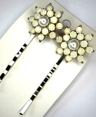 Vintage Rhinestone and Pearl Hair Pins made with White Opal Swarovski Stones A4 - Image 1 of 2