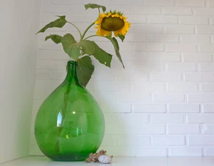 XXL Demijohn Vintage Clear Green Bottle Hand Blown Glass Farmhouse Floor Vase - Picture 1 of 10