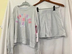 New Justice Girls Gray Long Sleeve Top & Short 2 Pc Pajama Set M - Picture 1 of 5