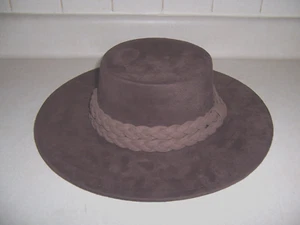 MEN'S BROWN SUEDE WIDE BRIM FLAT - TOP HAT , ONE SIZE 23 1/2"" CIR. - Picture 1 of 7