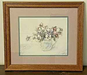 Vintage Signed Jodi Jensen Wood Framed Matted print Blue heart vase and flowers - Picture 1 of 6