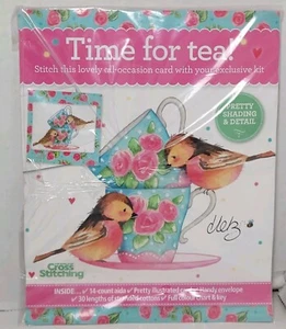 World Of Cross Stitching Time For Tea Greeting Card Kit Birds Tea Cups  - Picture 1 of 6