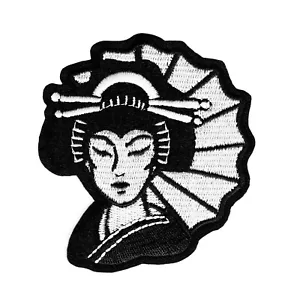 Japanese Geisha Black And White Embroidered Iron On Patch Exclusive Design - Picture 1 of 2
