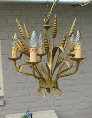 Hollywood Regency gold gilt MASSIVE marked wheat sheaf chandelier 1960 lamp  - Image 1 of 4
