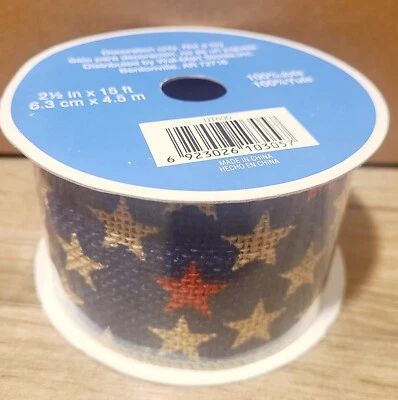 Walmart burlap ribbon red, white & blue American stars 2.5in x 5 yds wreath bow - Image 1 of 4