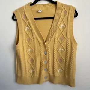 Twik Cable Knit Embroidered Vest with Floral Accents - Golden Yellow - M Medium - Picture 1 of 6