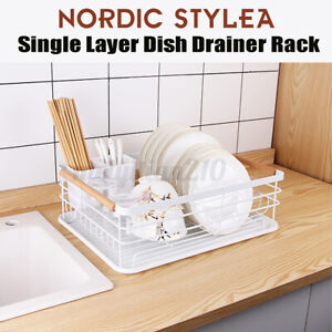 Wooden Kitchen Sink Dish Drainer Sturdy Wood Plate Cups Drying Stand Rack Long L 