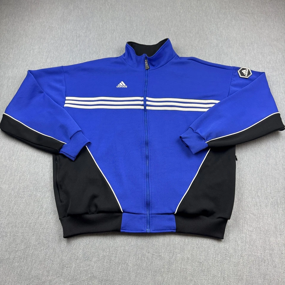Jaqueta Adidas Masculina Extra Grande Azul Listrada Preta Zíper Completo Casaco de Futebol - Imagem 1 de 4