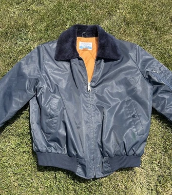Vintage 70s Sears Work Leisure Bomber Flight Jacket Faux Fur Collar Navy Blue XL - Image 1 of 4