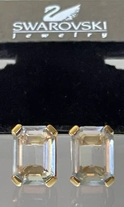 Swarovski Clear Crystal Emerald Cut Gold Tone Rectangle Earrings Clip on Vintage - Picture 1 of 21