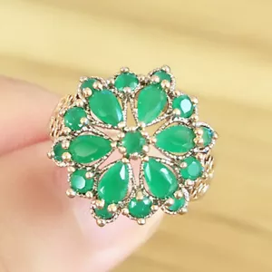 Gorgeous Shiny Flower Stlye Multi Green Quartz Gemstone Silver Ring Size 6-10 - Picture 1 of 5