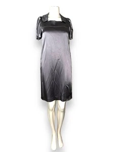 BURBERRY London Satin Dress Collared Square Neck Puff Sleeve Platinum Gray sz 4 - Picture 1 of 11