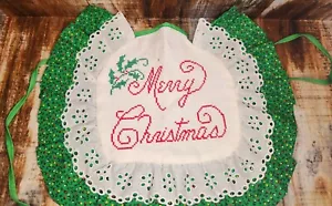 Vintage Merry Christmas Handmade Cross Stitch Baby Child Bib Green Ruffle Lace - Picture 1 of 5