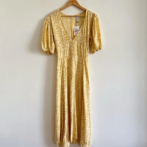 Faithfull The Brand Yellow Snake Print Dress Puff Sleeve Midi Dress Snakeskin - Picture 1 of 19