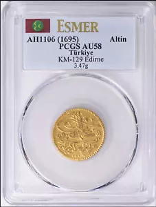 Turkey AH 1106 (1695) Gold Tek (Altin) Edirne Mint KM-129 PCGS AU-58 - Picture 1 of 2