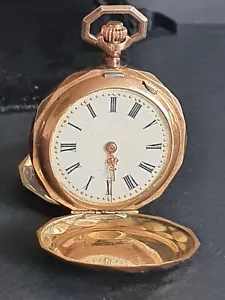Antike Damen Taschenuhr Gold 14 Karat Kronenaufzug Emaile Stempel um 1910 Orig - Bild 1 von 23