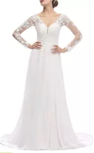 A-Line Plunge V-Neck Long Slv Lace-Up Back Bridal Gown Sz 16W Feminine Wedding - Picture 1 of 17