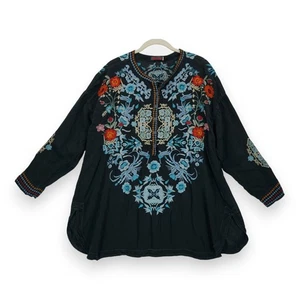 Top túnica negro bordado floral estampado boho Johnny Was vintage talla 1X - Imagen 1 de 12