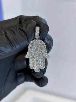 1.5Ct Round Cut Lab-Created Diamond Hamsa Hand Men Pendant 14K White Gold Plated - Image 1 of 4
