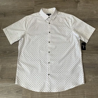 Alfani Men's Large Short Sleeve Button-Up Shirt Tan White Black Dotted/Geo Print - Image 1 of 4