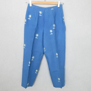 Talbots Linen Pants Capri Womens Sz 2 Blue Pleated Cropped Palm Tree Embroidery - Picture 1 of 9