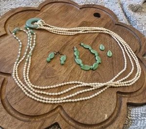 Cultured Pearl Jade Jadeite Scarf Necklace With Earrings And Bracelet - Picture 1 of 4