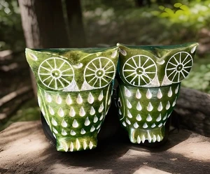 Set di 2 gufi in marmo di alabastro verde vintage intagliati a mano - Foto 1 di 10