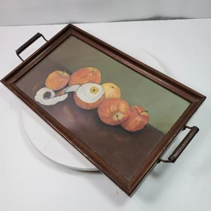 Antique Serving Tray Wall Art Fruit Under Glass Wood w/ Handles 17x10 Inch - Picture 1 of 7