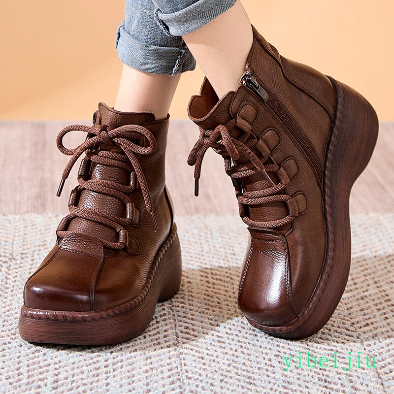 Women's Mid Wedge Heel Platform Ankle Boots Lace Up Real Leather Shoes Wide Foot - Image 1 of 4