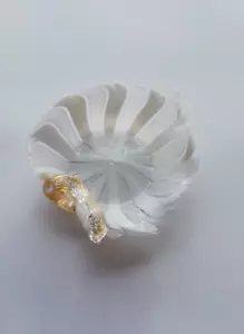 Small Murano White Zanfirico/ Ribbon Cane Dish/Applied Clear Scroll/Aventurine - Picture 1 of 11
