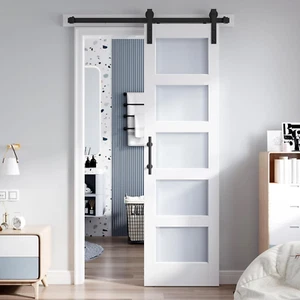 24X84 Inch Glass Sliding Barn Door Slab and 4Ft Hardware Kit Included, 5 Frosted - Picture 1 of 7