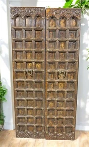 Antique Teak Wood Architectural Door Panels Original Old Hand Carved 3x5.5 feet - Picture 1 of 9