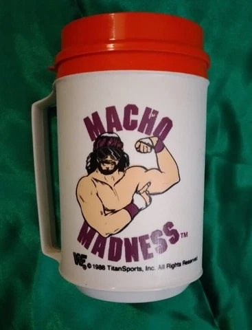 1986 WWF MACHO MAN RANDY SAVAGE CUP/MUG with lid/Titan Sports/OFFICIAL RARE WWE Cover