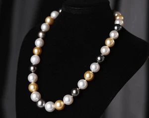 Huge17"12-14mm natural south sea genuine golden White black round pearl necklace - Picture 1 of 3